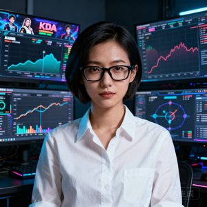 一位短发干练的女性电竞数据分析师的正面肖像，背景为多屏幕数据工作站